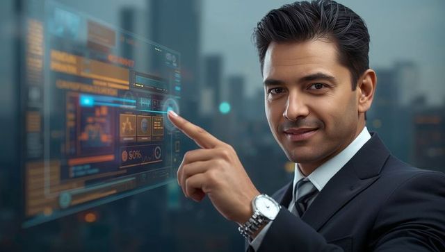 Businessman interacting with futuristic holographic display