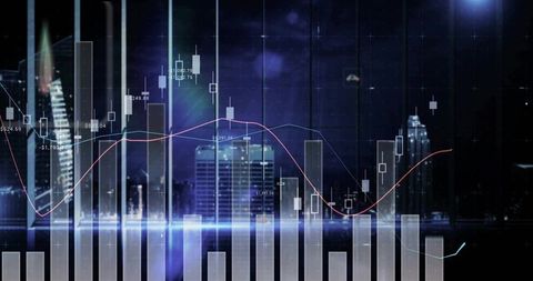 Financial Data Visualization Over Urban Night Cityscape