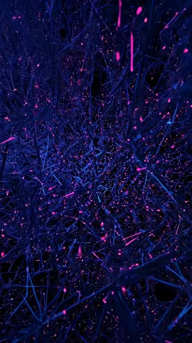 Gliding through neon neural blue filaments and magenta streaks vertical loop background