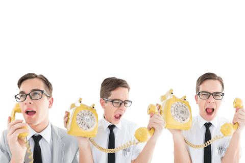 Businessman Frustrated with Yellow Rotary Phone on Transparent Background