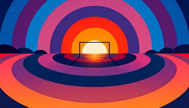 Glowing Sun Framed by Thin Rectangle Over Radial Sunset Waves and Concentric Bands