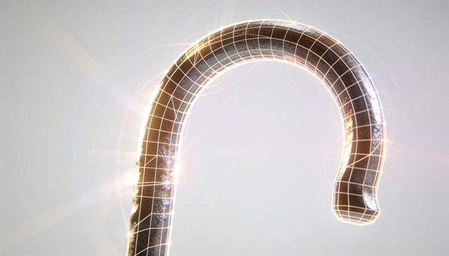 Glowing curved metal hook showing wireframe grid, specular highlights and lens flare