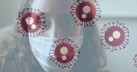 Masked woman during pandemic with illustrations of virus cells
