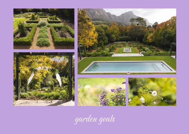 This beautiful collage captures the serene beauty of a lush garden featuring manicured hedges, colorful flowers, and elegant garden architecture. Ideal for use in nature photography portfolios, home decoration inspirations, garden planning guides, and lifestyle blogs celebrating the tranquility and beauty of exquisite outdoor spaces.
