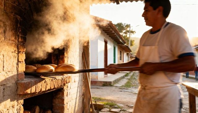 Sunlit village baker pulling fresh loaves from brick oven with steam and rustic charm