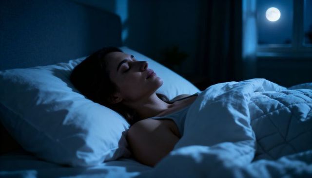 Woman sleeping peacefully under moonlight in cozy bedroom with quilted duvet