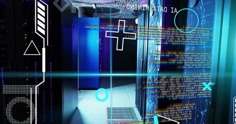 Futuristic data center corridor with ai data mining overlays, neon blue server racks and hud