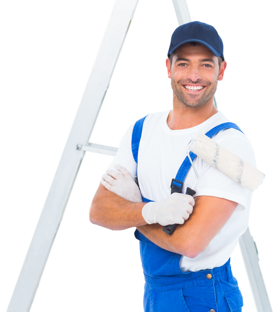 Happy Painter Wearing Blue Overalls With Paint Roller Beside Ladder, Transparent Background - Download Free Stock Videos Pikwizard.com