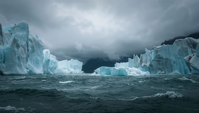Floating icebergs in choppy polar sea under stormy skies