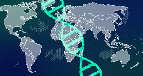 DNA Strand Spinning Over World Map, Symbolizing Global Science