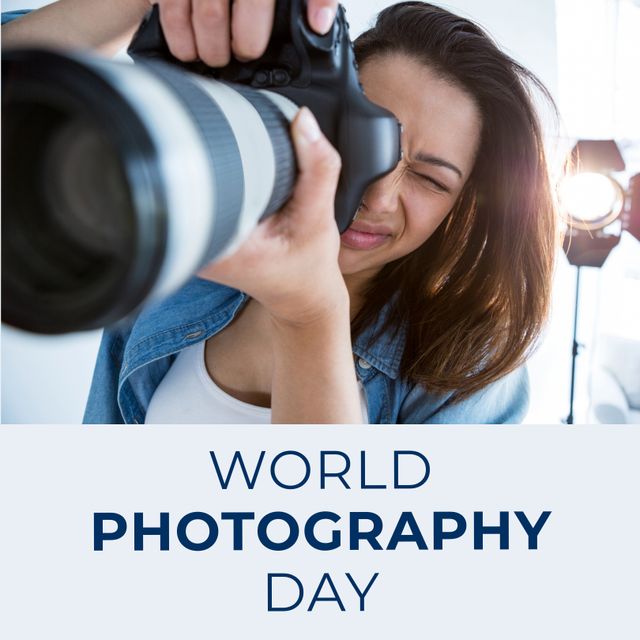 Woman Photographer Celebrates World Photography Day in Professional Studio - Download Free Stock Templates Pikwizard.com