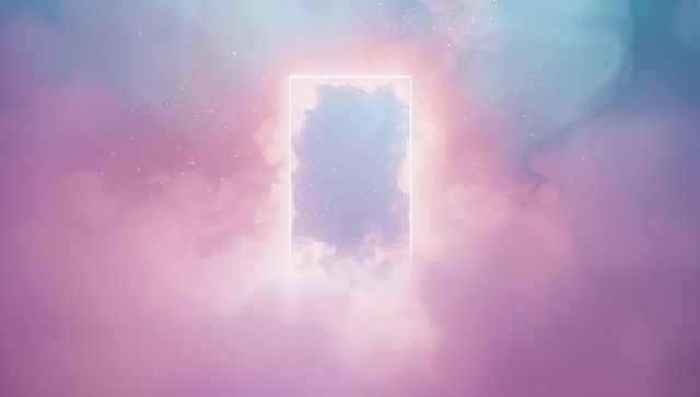 Glowing portal breaking through mystical pastel cloudscape