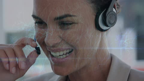Smiling Call Center Agent with Futuristic Interface Overlay
