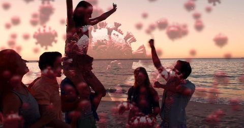 Friends celebrating at beach with virus overlay concept