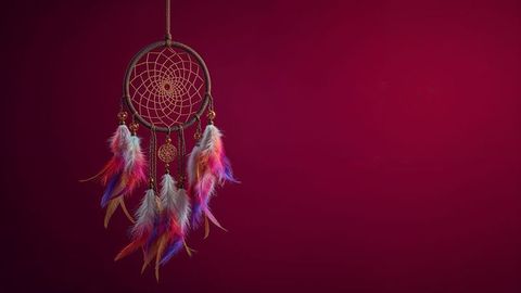Dreamcatcher Hanging with Vibrant Feathers on Maroon Wall