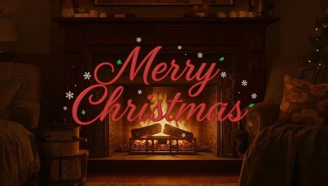 Cozy fireplace mantel with merry christmas script and warm holiday firelight
