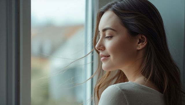 Serene young woman gazing out window with soft natural light and calm expression