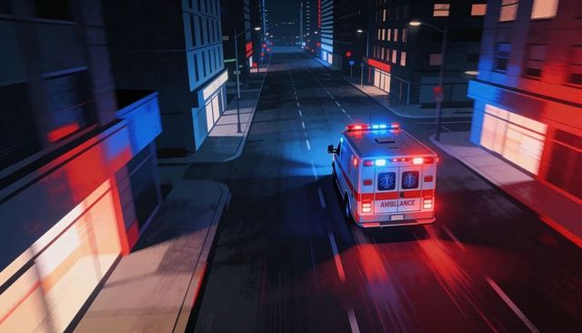 Ambulance racing through neon city streets with flashing red and blue emergency lights
