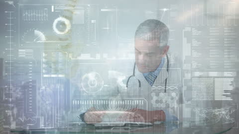 Senior male doctor wearing a white coat interacting with a digital interface showing medical data and charts. This conveys a modern approach to healthcare and technology integration. Useful for depicting future medical technology, data management in healthcare, and the role of digital tools in medical diagnosis.