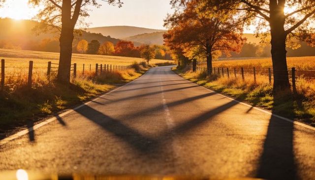Sunlit country road curving through autumn fields with long tree shadows at golden hour