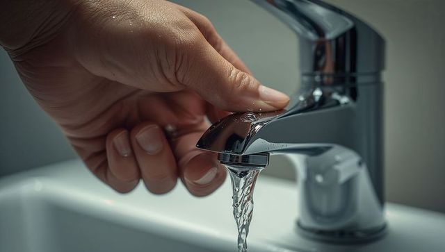Hand adjusting chrome tap with flowing water in modern setting