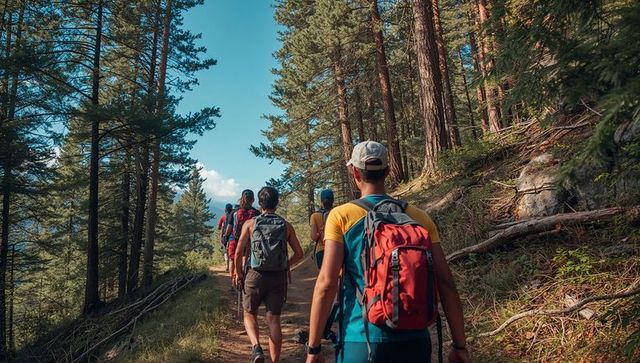 Hiking group traversing sunlit pine mountain trail with red backpack and baseball cap