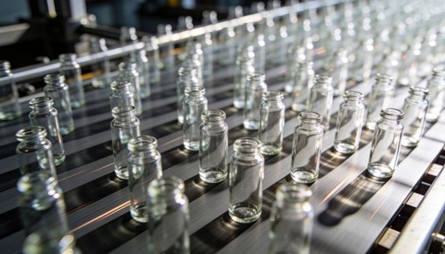 Empty glass vials moving on conveyor belt in pharmaceutical manufacturing line