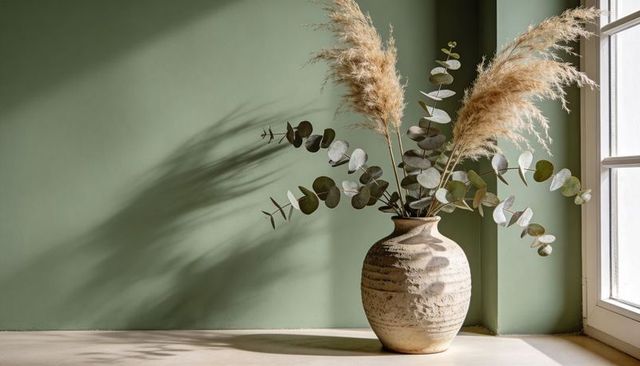 Sunlit ceramic vase with pampas and eucalyptus casting soft shadows on sage wall