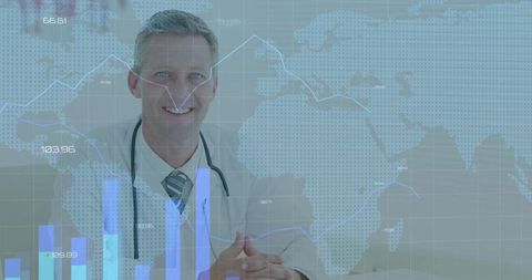 Physician Analyzing Global Medical Data with Financial Charts