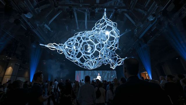 Crowd watching futuristic suspended lattice sculpture at tech conference with blue lighting