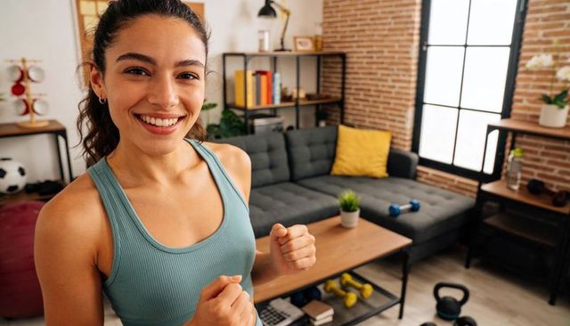 Smiling woman throwing light boxing punches in sunlit living room home gym workout