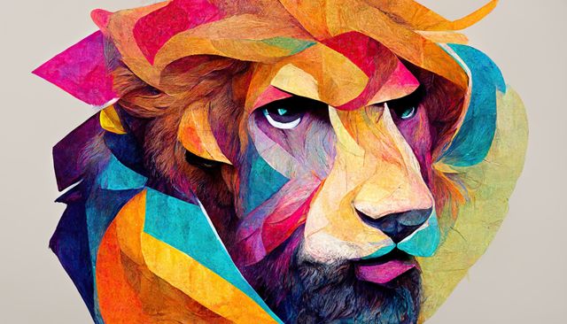 Abstract image of a lion featuring vibrant colors and geometric patterns. Useful for creative projects, modern decor, print media, and branding related to wildlife or artistic concepts.