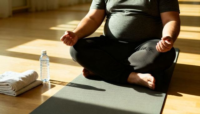 Overweight man seated in meditation on sunlit studio yoga mat beside towel and water bottle