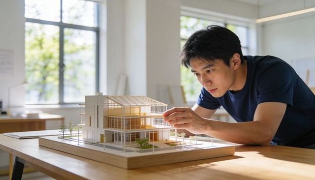 Asian architect adjusting contemporary scale model in sunlit studio showing precision