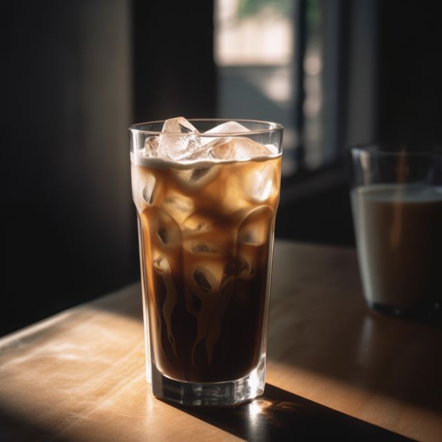 Glass of iced coffee with ice cubes sitting on wooden table illuminated by morning sunlight. Ideal for themes related to refreshing drinks, summer beverages, coffee culture, or morning routines. Perfect for use in food and drink blogs, summer promotional materials, café advertisements, and social media posts highlighting coffee products.
