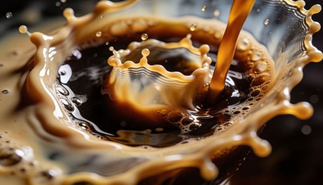 Pouring coffee creating crown splash with cream stream and glossy droplets macro