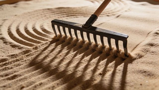 Metal rake creating rhythmic grooves in fine sand casting shadows and textured patterns