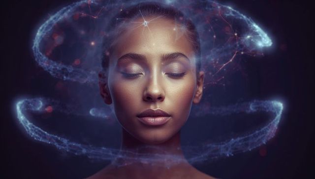 Serene woman with glowing neural helix rings — futuristic mindfulness and ai consciousness