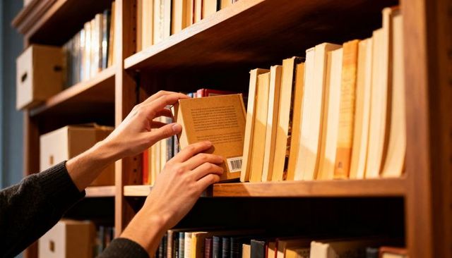 Hands pulling paperback from wooden bookshelf in cozy home library with warm lighting