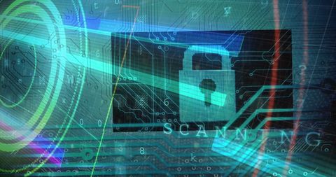 Cybersecurity Concept with Lock and Circuit Overlay