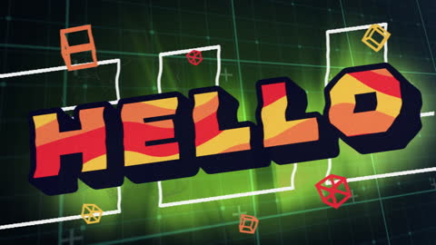 Bright 3D Text Hello Greeting with Retro Digital Background