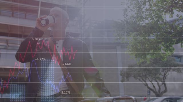 Businessman drinking coffee on street beside bicycle with overlay of statistical data. Useful for concepts related to modern business lifestyle, technology integration, data-driven decision making, urban commuting, or financial analytics.