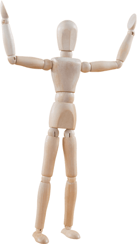 Transparent wooden figurine with raised arms gesture