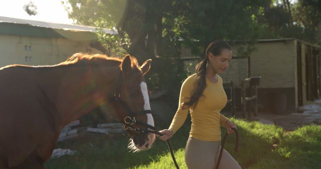 A young Caucasian woman leads a horse by its reins outdoors, with copy space. Her calm demeanor and the serene setting suggest a close bond between the equestrian and her animal companion.