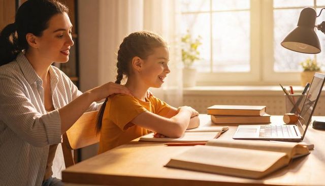 Supportive mother guiding daughter wearing mustard shirt during online learning at sunlit desk