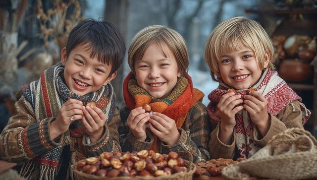 Children smiling holding chestnuts at autumn farm stand