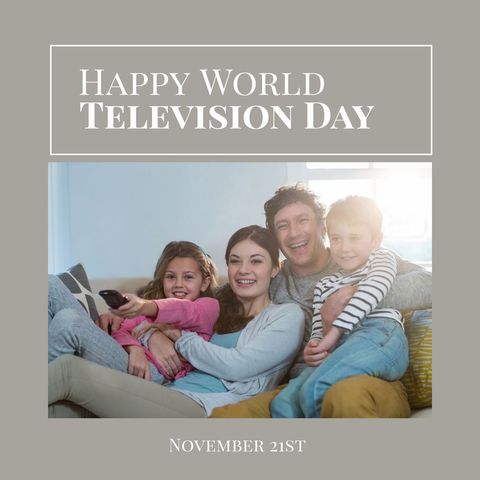 joyful family of four sitting on sofa enjoying television together. ideal for world television day content, advertising family services, promoting media companies, or illustrating happy family moments.