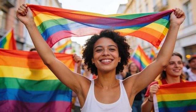 Woman holding rainbow flag overhead at pride march, celebrating lgbtq+ diversity and unity