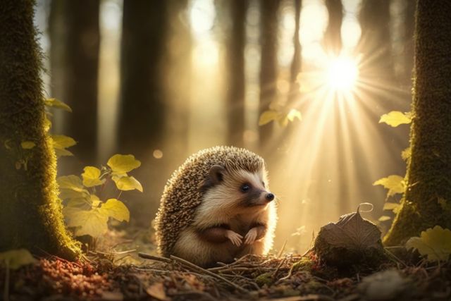 A cute hedgehog stands on a bed of leaves in a magical forest, illuminated by gentle rays of sunlight. This peaceful scene evokes feelings of tranquility and connection with nature. Ideal for websites promoting wildlife conservation, nature blogs, or images celebrating the beauty of outdoor environments.