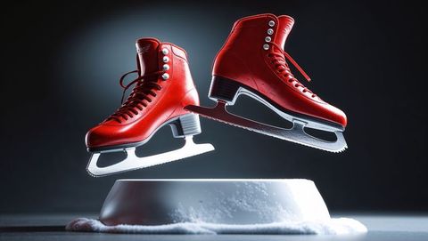 Luxury red ice skates hovering with elegance in ice skating spotlight